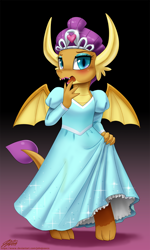 Size: 1100x1832 | Tagged: safe, artist:johnjoseco, character:smolder, species:dragon, blushing, clothing, cute, dragoness, dress, embarrassed, fangs, female, horns, jewelry, lipstick, open mouth, princess smolder, smolder also dresses in style, smolderbetes, solo, spread wings, wings