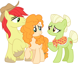 Size: 3628x3000 | Tagged: safe, artist:cloudyglow, character:bright mac, character:granny smith, character:pear butter, species:earth pony, species:pony, episode:the perfect pear, g4, my little pony: friendship is magic, .ai available, clothing, cowboy hat, female, hat, husband and wife, male, mare, mother and child, mother and daughter-in-law, mother and son, simple background, stallion, stetson, transparent background, vector, young granny smith, younger