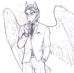 Size: 2584x2550 | Tagged: safe, artist:askbubblelee, oc, oc only, oc:smokescreen, species:anthro, species:pegasus, species:pony, cigarette, clothing, freckles, male, monochrome, necktie, simple background, sketch, smoking, solo, stallion, suit, white background, wing freckles