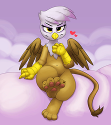 Size: 4274x4805 | Tagged: safe, artist:pabbley, character:gilda, species:griffon, belly button, cloud, female, gildere, heart, on a cloud, paw pads, paws, solo, toe beans, tsundere, underpaw