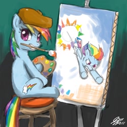 Size: 1024x1024 | Tagged: safe, artist:johnjoseco, edit, character:rainbow dash, species:earth pony, species:pegasus, species:pony, g4, my little pony: friendship is magic, brush, canvas, cute, easel, female, mare, paint, photoshop, simple background, smiling, solo, sonic rainboom, wingless, wingless edit