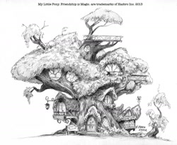 Size: 1400x1149 | Tagged: safe, artist:baron engel, architecture, building, golden oaks library, library, monochrome, pencil drawing, scenery, traditional art, tree