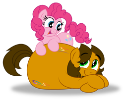Size: 1920x1596 | Tagged: safe, artist:aleximusprime, character:pinkie pie, oc, oc:alex the chubby pony, species:earth pony, species:pony, alex the chubby pony, buddies, chubby, cute, fat, friends, lying down, plump, simple background, sitting on, sitting on pony, transparent background