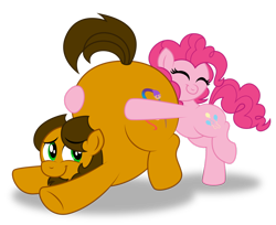 Size: 1920x1568 | Tagged: safe, artist:aleximusprime, character:pinkie pie, oc, oc:alex the chubby pony, species:earth pony, species:pony, big, buddies, butthug, chubby, cute, faceful of ass, fat, flank, friends, hug, hug from behind, plot, plump, simple background, transparent background