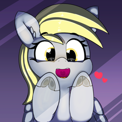 Size: 1529x1529 | Tagged: safe, artist:pabbley, character:derpy hooves, species:pegasus, species:pony, against glass, cute, derpabetes, ear fluff, female, frog (hoof), glass, heart, hoofbutt, looking at you, mare, night, open mouth, solo, underhoof, window, wingding eyes