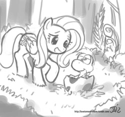 Size: 1280x1200 | Tagged: safe, artist:johnjoseco, character:fluttershy, species:pegasus, species:pony, baby yoshi, crossover, cute, derp, duo, female, forest, grayscale, hatching, hatchling, mare, mario, monochrome, newborn, nintendo, open mouth, raised hoof, smiling, super mario bros., yoshi, yoshi egg, yoshi's island