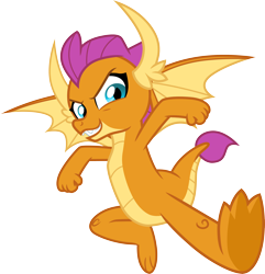 Size: 3000x3106 | Tagged: safe, artist:cloudyglow, character:smolder, species:dragon, episode:uprooted, g4, my little pony: friendship is magic, .ai available, badass, claws, clenched fist, dragoness, dynamic entry, fangs, feet, female, grin, horns, jump kick, kicking, simple background, smiling, solo, spread toes, spread wings, toes, transparent background, underfoot, vector, wings