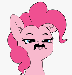 Size: 1332x1384 | Tagged: safe, artist:pabbley, character:pinkie pie, species:earth pony, species:pony, bust, cute, diapinkes, ear fluff, facial hair, fake moustache, female, gray background, head only, lidded eyes, mare, moustache, portrait, simple background, solo