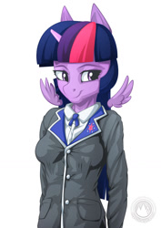 Size: 955x1351 | Tagged: safe, artist:mysticalpha, character:twilight sparkle, character:twilight sparkle (alicorn), species:alicorn, species:anthro, species:pony, breasts, clothing, female, mare, smiling, smirk, solo