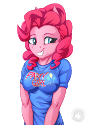 Size: 955x1351 | Tagged: safe, artist:mysticalpha, character:pinkie pie, species:anthro, species:earth pony, species:pony, breasts, busty pinkie pie, clothing, female, mare, shirt, smiling, solo, t-shirt
