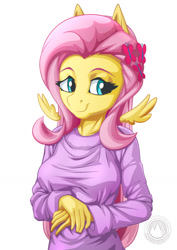 Size: 955x1351 | Tagged: safe, artist:mysticalpha, character:fluttershy, species:anthro, species:pegasus, species:pony, beautiful, breasts, busty fluttershy, clothing, female, mare, smiling, solo, sweater