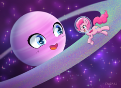 Size: 1000x733 | Tagged: safe, artist:empyu, character:pinkie pie, species:earth pony, species:pony, episode:sparkle's seven, g4, my little pony: friendship is magic, animated, astronaut, astronaut pinkie, cute, diapinkes, female, mare, planet, saturn, solo, space, space helmet, tangible heavenly object, too childish, weapons-grade cute