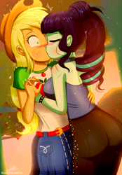 Size: 1250x1800 | Tagged: safe, artist:the-butch-x, character:applejack, character:coloratura, ship:rarajack, g4, my little pony: equestria girls, my little pony:equestria girls, ass, betrayal, blushing, breasts, butt, clothing, coloratur-ass, commission, eyes closed, female, geode of super strength, kissing, lesbian, magical geodes, rara, shipping, surprise kiss