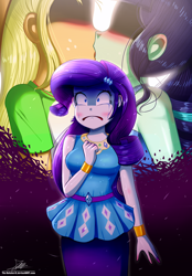 Size: 1250x1800 | Tagged: safe, artist:the-butch-x, character:applejack, character:coloratura, character:rarity, ship:rarajack, g4, my little pony: equestria girls, my little pony:equestria girls, angry, betrayal, blushing, commission, crying, eyes closed, female, geode of shielding, heartbreak, implied lesbian, implied rarijack, implied shipping, jealous, kissing, lesbian, magical geodes, rara, shipping, shipping denied, tears of pain, third wheel
