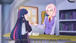 Size: 1280x720 | Tagged: safe, artist:jonfawkes, character:dusty pages, character:twilight sparkle, species:human, episode:the point of no return, g4, my little pony: friendship is magic, backpack, clothing, desk, elf ears, humanized, library, open mouth, scene interpretation, subtitles, unicorns as elves
