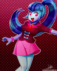 Size: 1060x1320 | Tagged: safe, artist:the-butch-x, character:sonata dusk, equestria girls:rainbow rocks, g4, my little pony: equestria girls, my little pony:equestria girls, birthday gift, breasts, clothing, cute, female, gem, legs, looking at you, miniskirt, open mouth, ponytail, signature, siren gem, skirt, smiling, solo, sonatabetes, spiked wristband, wristband
