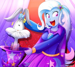 Size: 1060x960 | Tagged: safe, artist:the-butch-x, character:trixie, my little pony:equestria girls, bugs bunny, bunny out of the hat, cape, clothing, commission, crossover, cute, diatrixes, hat, looney tunes, magic show, magic trick, open mouth, smiling, trixie's cape, trixie's hat