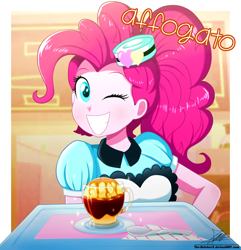 Size: 1020x1060 | Tagged: safe, artist:the-butch-x, character:pinkie pie, episode:coinky-dink world, eqg summertime shorts, g4, my little pony: equestria girls, my little pony:equestria girls, apron, carhop, clothing, coffee, cup, cute, dessert, diapinkes, espresso, female, food, grin, ice cream, italian, looking at you, one eye closed, server pinkie pie, signature, smiling, solo, spoon, translated in the description, tray, waitress, wink