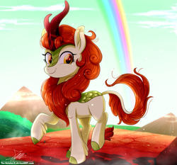 Size: 1871x1742 | Tagged: safe, artist:the-butch-x, character:autumn blaze, species:kirin, species:pony, episode:sounds of silence, g4, my little pony: friendship is magic, awwtumn blaze, beautiful, cloven hooves, colored hooves, cute, female, hooves, leonine tail, looking at you, mare, nature, pretty, rainbow, raised hoof, shading, signature, smiling, smiling at you, solo, three quarter view, unshorn fetlocks, walking