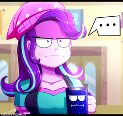 Size: 1020x960 | Tagged: safe, artist:the-butch-x, character:starlight glimmer, episode:marks for effort, g4, my little pony: friendship is magic, my little pony:equestria girls, ..., :i, animate object, beanie, breasts, busty starlight glimmer, chocolate, clothing, coffee mug, cute, dialogue, empathy cocoa, equestria girls interpretation, female, food, hat, hot chocolate, i mean i see, mug, scene interpretation, shirt, solo, speech bubble, vest