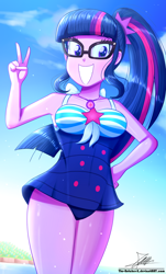 Size: 820x1360 | Tagged: safe, artist:the-butch-x, character:twilight sparkle, character:twilight sparkle (scitwi), species:eqg human, g4, my little pony: equestria girls, my little pony:equestria girls, adorasexy, adorkable, adorkasexy, attached skirt, beautiful, big breasts, blue swimsuit, breasts, busty sci-twi, busty twilight sparkle, clothing, cloud, cute, dork, female, geode of telekinesis, glasses, grin, hand on hip, jewelry, magical geodes, necklace, one-piece swimsuit, peace sign, ponytail, pretty, sexy, signature, skirt, sky, smiling, solo, speedpaint available, striped swimsuit, swimsuit, tricolor swimsuit, twiabetes
