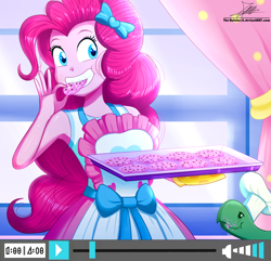 Size: 1160x1120 | Tagged: safe, artist:the-butch-x, character:pinkie pie, character:tank, episode:the craft of cookies, g4, my little pony: equestria girls, my little pony:equestria girls, spoiler:eqg series (season 2), apron, armpits, baking sheet, chef's hat, clothing, cookie, curtains, cute, diapinkes, eating, female, food, hat, oven mitts, signature, smiling, solo, tray, window