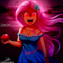 Size: 1600x1600 | Tagged: safe, artist:the-butch-x, character:fluttershy, species:bat, my little pony:equestria girls, apple, beautiful, breasts, busty fluttershy, cleavage, clothing, dress, evil grin, fangs, female, food, geode of fauna, glowing eyes, grin, hairpin, intimidating, jewelry, looking at you, magical geodes, necklace, open mouth, signature, slit eyes, slit pupils, smiling, solo, vampire