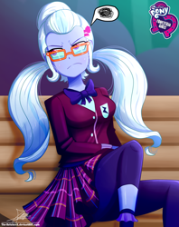 Size: 920x1160 | Tagged: safe, artist:the-butch-x, part of a set, character:sugarcoat, equestria girls:friendship games, g4, my little pony: equestria girls, my little pony:equestria girls, annoyed, butch's hello, clothing, crystal prep academy uniform, cute, equestria girls logo, female, frown, glasses, grumpy, hello x, leggings, pictogram, pigtails, plaid skirt, school uniform, signature, sitting, solo, tsunderecoat, twintails