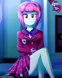 Size: 920x1160 | Tagged: safe, artist:the-butch-x, part of a set, character:sunny flare, equestria girls:friendship games, g4, my little pony: equestria girls, my little pony:equestria girls, blushing, breasts, butch's hello, clothing, crossed legs, crystal prep academy uniform, cute, equestria girls logo, female, hello x, legs, lidded eyes, looking at you, miniskirt, plaid skirt, pleated skirt, raised eyebrow, school uniform, schrödinger's pantsu, scowl, signature, sitting, skirt, skirt lift, solo, sunny flare's wrist devices, thighs, unamused, upskirt denied