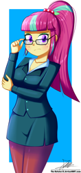 Size: 620x1310 | Tagged: safe, artist:the-butch-x, character:sour sweet, my little pony:equestria girls, business suit, clothing, commission, female, freckles, glasses, looking at you, ponytail, secretary, signature, solo