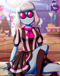 Size: 920x1160 | Tagged: safe, artist:the-butch-x, part of a set, character:photo finish, my little pony:equestria girls, balloon, boots, breasts, busty photo finish, butch's hello, canterlot high, clothing, dress, equestria girls logo, female, glasses, hello x, legs, looking at you, schrödinger's pantsu, shoes, signature, sitting, skirt, skirt lift, solo, sunglasses, thighs, upskirt denied