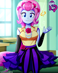 Size: 920x1160 | Tagged: safe, artist:the-butch-x, part of a set, equestria girls:rainbow rocks, g4, my little pony: equestria girls, my little pony:equestria girls, breasts, busty violet blurr, butch's hello, clothing, confused, dress, equestria girls logo, female, hello x, looking at you, pantyhose, question mark, sitting, skirt, solo, violet blurr, ¿?