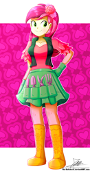 Size: 1104x2110 | Tagged: safe, artist:the-butch-x, character:roseluck, equestria girls:rainbow rocks, g4, my little pony: equestria girls, my little pony:equestria girls, alternate hairstyle, boots, clothing, commission, cute, digital art, dress, female, flower, flower in hair, gloves, hand on hip, shoes, signature, smiling, solo, vest