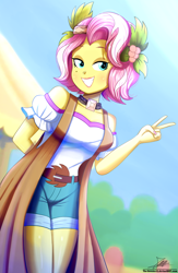 Size: 1020x1560 | Tagged: safe, artist:the-butch-x, character:vignette valencia, equestria girls:rollercoaster of friendship, g4, my little pony: equestria girls, my little pony:equestria girls, beauty mark, clothing, female, flower, flower in hair, grin, holly, nail polish, off shoulder, peace sign, shirt, shorts, signature, smiling, solo, thighs, vignette valencia