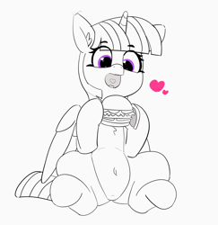 Size: 1280x1319 | Tagged: safe, artist:pabbley, character:twilight sparkle, character:twilight sparkle (alicorn), species:alicorn, species:pony, 30 minute art challenge, belly button, burger, chest fluff, female, food, happy, heart, heart eyes, holding, mare, monochrome, open mouth, partial color, sitting, smiling, solo, twilight burgkle, underhoof, wingding eyes