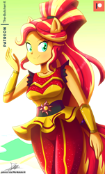 Size: 1120x1860 | Tagged: safe, artist:the-butch-x, character:sunset shimmer, equestria girls:dance magic, g4, my little pony: equestria girls, my little pony:equestria girls, spoiler:eqg specials, beautiful, breasts, clothing, cute, dress, female, looking at you, patreon, patreon logo, ponied up, pony ears, ponytail, shimmerbetes, skirt, smiling, solo, super ponied up