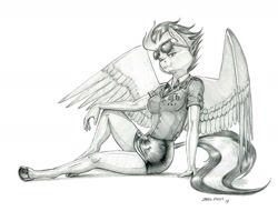 Size: 1400x1062 | Tagged: safe, artist:baron engel, character:spitfire, species:anthro, species:pegasus, species:pony, species:unguligrade anthro, g4, aviator glasses, beautiful, clothing, cute, female, glasses, grayscale, legs, looking at you, mare, miniskirt, monochrome, necktie, pencil drawing, simple background, sketch, skirt, skirt lift, smiling, solo, sunglasses, thighs, traditional art, uniform, white background