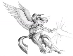 Size: 1400x1084 | Tagged: safe, artist:baron engel, character:twilight sparkle, character:twilight sparkle (alicorn), species:alicorn, species:anthro, species:pony, species:unguligrade anthro, blast, boots, clothing, dagger, female, flying, glowing horn, grayscale, magic, magic blast, monochrome, open mouth, pencil drawing, shoes, simple background, solo, traditional art, weapon, white background
