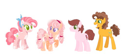 Size: 1280x572 | Tagged: safe, artist:galaxynebula29, artist:selenaede, base used, character:cheese sandwich, character:pinkie pie, oc, parent:cheese sandwich, parent:pinkie pie, parents:cheesepie, species:earth pony, species:pony, ship:cheesepie, family, female, male, mare, offspring, pinto, redesign, shipping, simple background, stallion, straight, white background