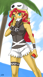 Size: 1000x1775 | Tagged: safe, artist:johnjoseco, colorist:lanceomikron, edit, character:sunset shimmer, my little pony:equestria girls, clothing, color edit, colored, costume, crossover, female, halloween, halloween costume, holiday, pokémon, pokémon sun and moon, team skull, team skull grunt