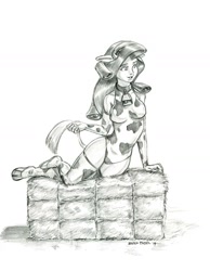 Size: 1000x1286 | Tagged: safe, artist:baron engel, character:rarity, species:cow, species:human, my little pony:equestria girls, breasts, clothing, costume, cow girl, cow suit, cowprint, female, hay bale, hoof shoes, leotard, monochrome, pencil drawing, raricow, solo, stockings, story included, thigh highs, traditional art