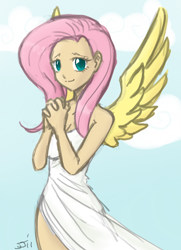 Size: 700x968 | Tagged: safe, artist:johnjoseco, edit, character:fluttershy, species:human, angel, cleavage, clothing, color edit, colored, dress, female, humanized, smiling, solo, winged humanization
