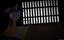 Size: 4701x2931 | Tagged: safe, artist:cloudyglow, artist:stephen-fisher, character:twilight sparkle, species:pony, cell, clothing, crying, female, floppy ears, horn cap, jail, magic suppression, prison, prison outfit, prisoner, prisoner ts, sad, solo