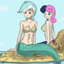 Size: 800x800 | Tagged: safe, artist:johnjoseco, edit, character:bon bon, character:lyra heartstrings, character:sweetie drops, belly button, cleavage, color edit, colored, duo, duo female, female, mermaid, mermaidized, seashell, seashell bra, sitting