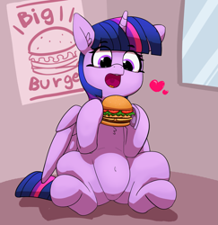 Size: 2545x2623 | Tagged: safe, artist:pabbley, character:twilight sparkle, character:twilight sparkle (alicorn), species:alicorn, species:pony, belly button, burger, chest fluff, cute, ear fluff, female, food, happy, heart, heart eyes, hoof hold, meat, open mouth, ponies eating meat, solo, that pony sure does love burgers, twiabetes, twilight burgkle, wingding eyes