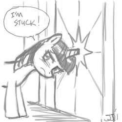 Size: 500x500 | Tagged: safe, artist:johnjoseco, character:twilight sparkle, species:pony, species:unicorn, annoyed, blushing, door, female, grayscale, mare, monochrome, solo, stuck