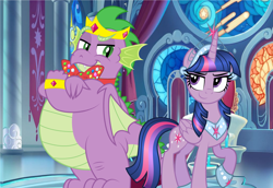 Size: 4992x3432 | Tagged: safe, artist:aleximusprime, artist:disneymarvel96, edit, character:spike, character:twilight sparkle, character:twilight sparkle (alicorn), species:alicorn, species:dragon, species:pony, adult, adult spike, anklet, big crown thingy, bow tie, canterlot, chubby, confident, crossed arms, crown, cuffs, fat, fat spike, future, jewelry, looking at each other, lord, necklace, older, older spike, older twilight, peytral, prince, princess, princess of friendship, regalia, sassy, smug, throne room, tiara, vector, vector edit, winged spike