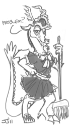 Size: 650x1170 | Tagged: safe, artist:johnjoseco, character:discord, species:draconequus, broom, clothing, crossdressing, femboy discord, grayscale, hilarious in hindsight, looking at you, maid, maid discord, male, monochrome, problem, smirk, solo, talking