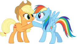Size: 5281x3000 | Tagged: safe, artist:cloudyglow, artist:yanoda, character:applejack, character:rainbow dash, species:earth pony, species:pegasus, species:pony, episode:non-compete clause, g4, my little pony: friendship is magic, .ai available, absurd resolution, clothing, cowboy hat, freckles, hat, hoofbump, simple background, smiling, stetson, transparent background, vector