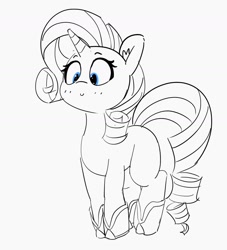 Size: 1341x1480 | Tagged: safe, artist:pabbley, character:rarity, species:pony, species:unicorn, boots, ear fluff, female, lineart, looking down, mare, missing cutie mark, monochrome, neo noir, partial color, shoes, smiling, solo